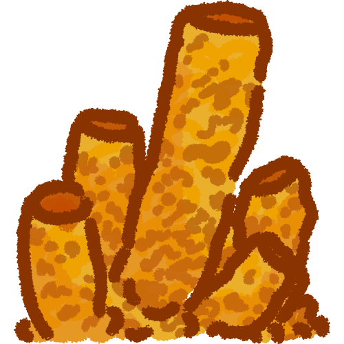 orangey yellow tube shapes that look like coral, they have darker orange texture on them. there’s 5 tube shapes in total